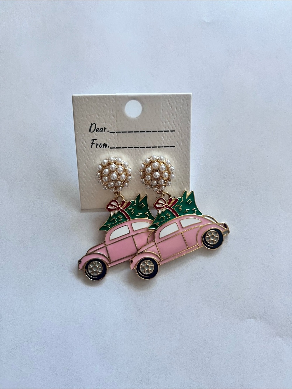 Holiday Pink VW Car Earrings with Green Tree Accent